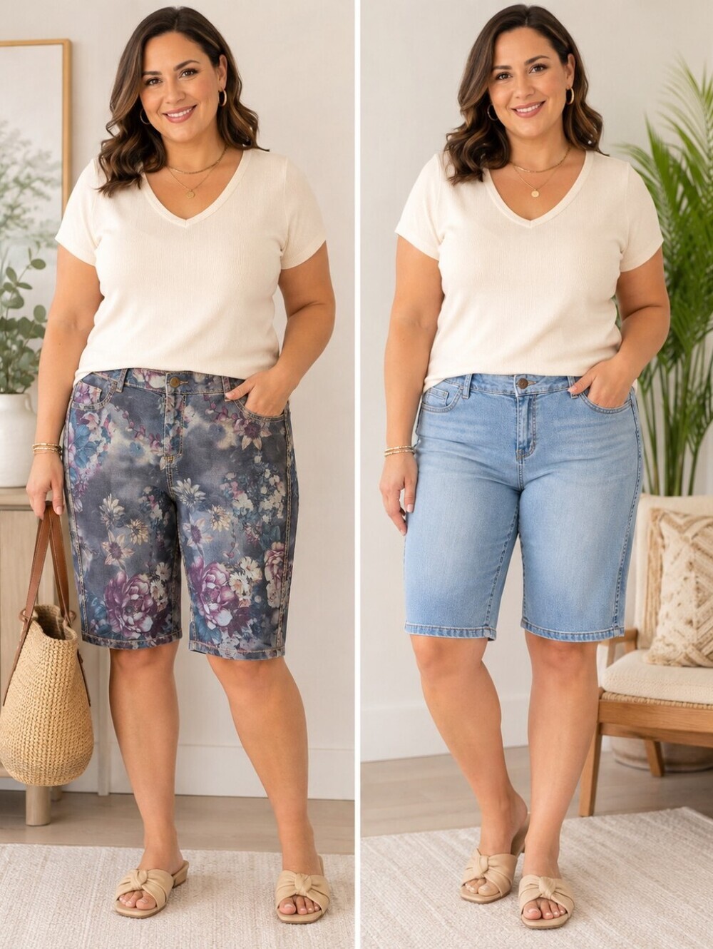 Marie Claire Boutiques | Reversible Floral Denim Bermuda Shorts, 2-in-1! Size 11